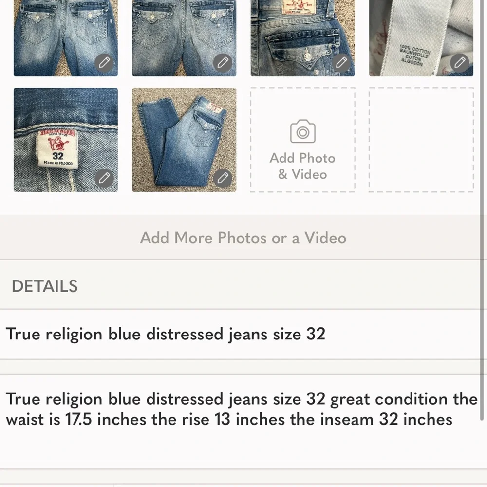 True religion blue distressed jeans size 32